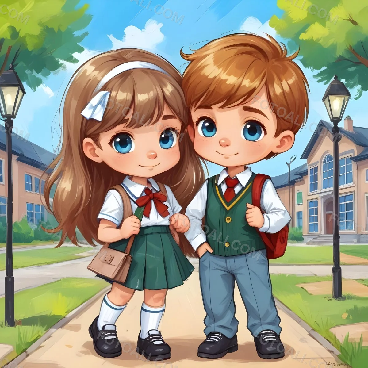 Digital Painting Two Caucasian Kids Of 8 Years Old With School Uniform In A School Bold And Slim Lines Brush Strokes 36 772d