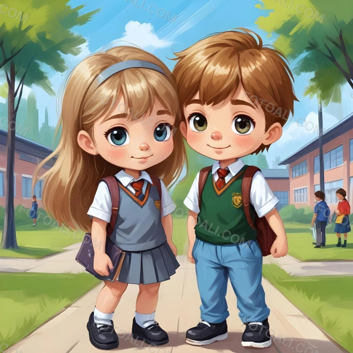 Digital Painting Two Caucasian Kids Of 8 Years Old With School Uniform In A School Bold And Slim Lines Brush Strokes 37 E7ec