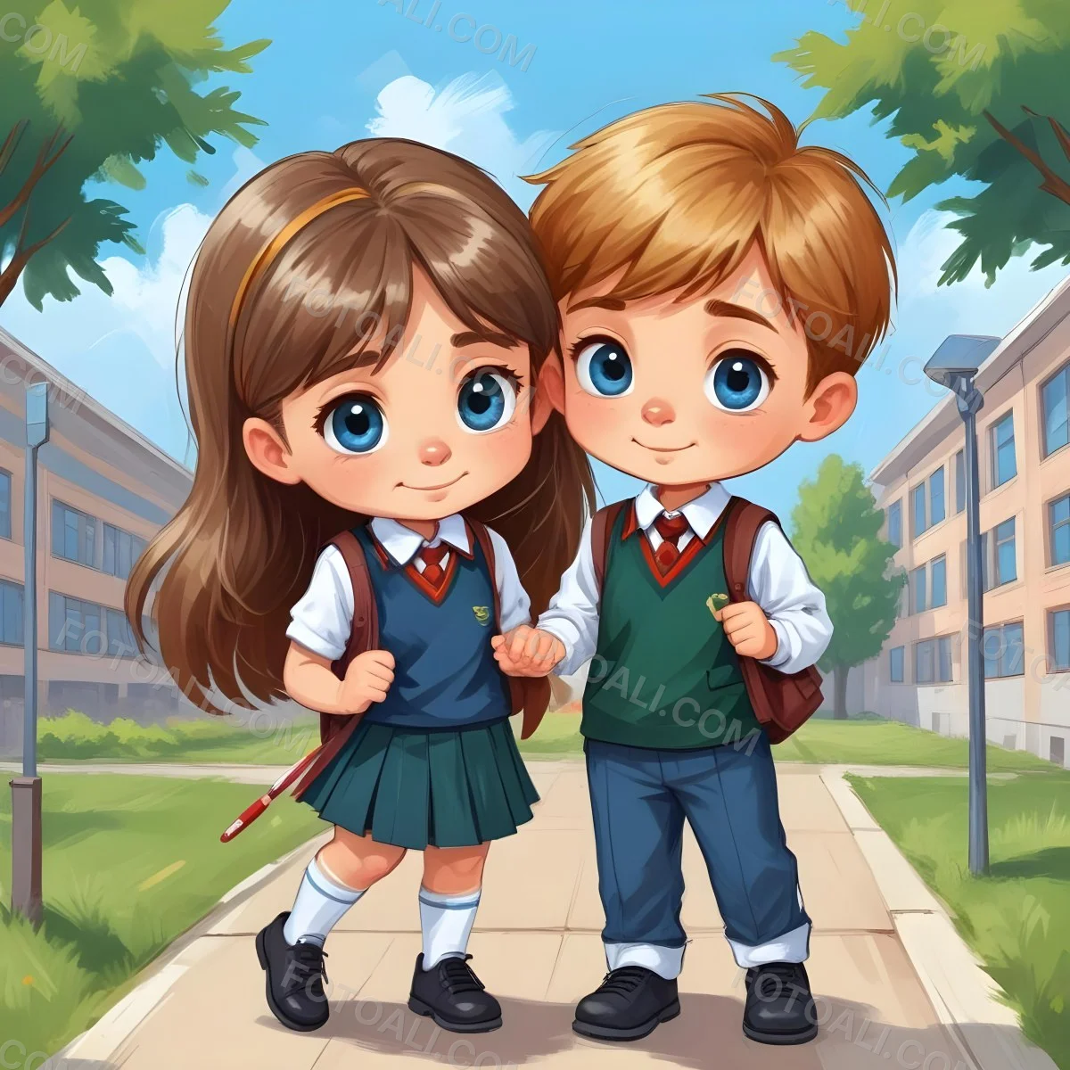Digital Painting Two Caucasian Kids Of 8 Years Old With School Uniform In A School Bold And Slim Lines Brush Strokes 38 F2b3