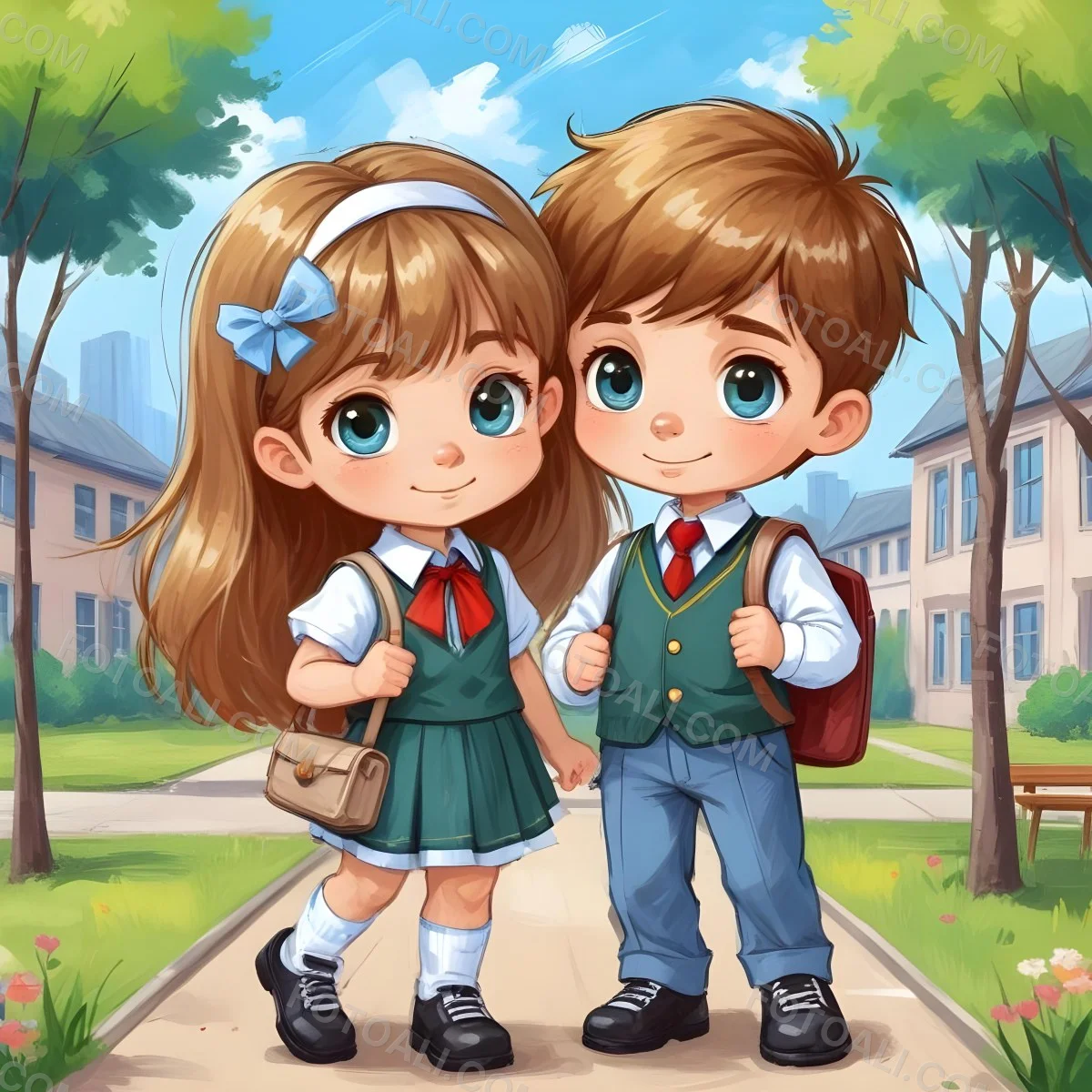 Digital Painting Two Caucasian Kids Of 8 Years Old With School Uniform In A School Bold And Slim Lines Brush Strokes 39 D9ca