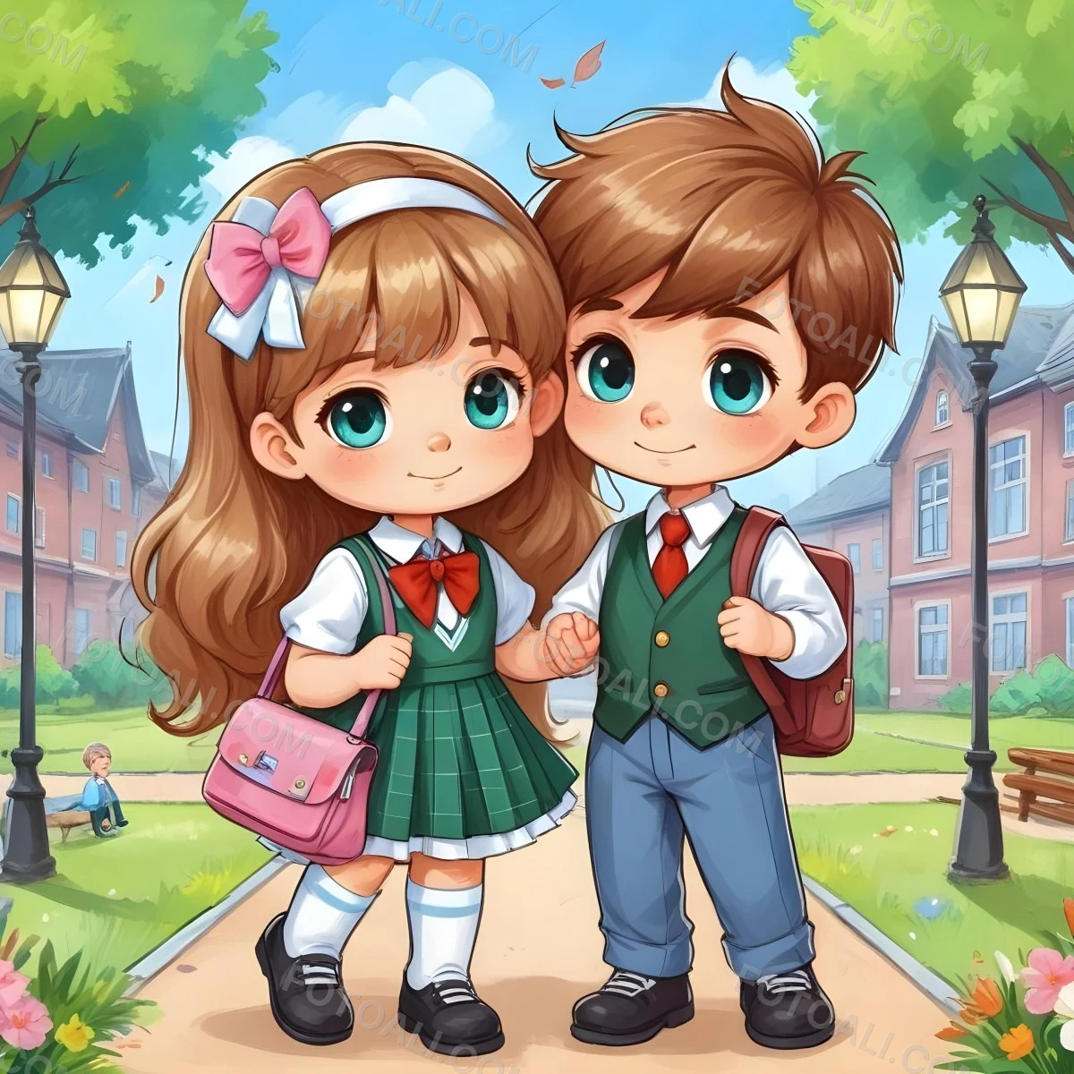 Digital Painting Two Caucasian Kids Of 8 Years Old With School Uniform In A School Bold And Slim Lines Brush Strokes 40 7dd3