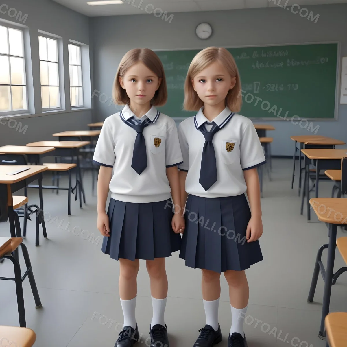 Digital Painting Two Caucasian Kids Of 8 Years Old With School Uniform In A School Bold And Slim Lines Brush Strokes 7 F85c