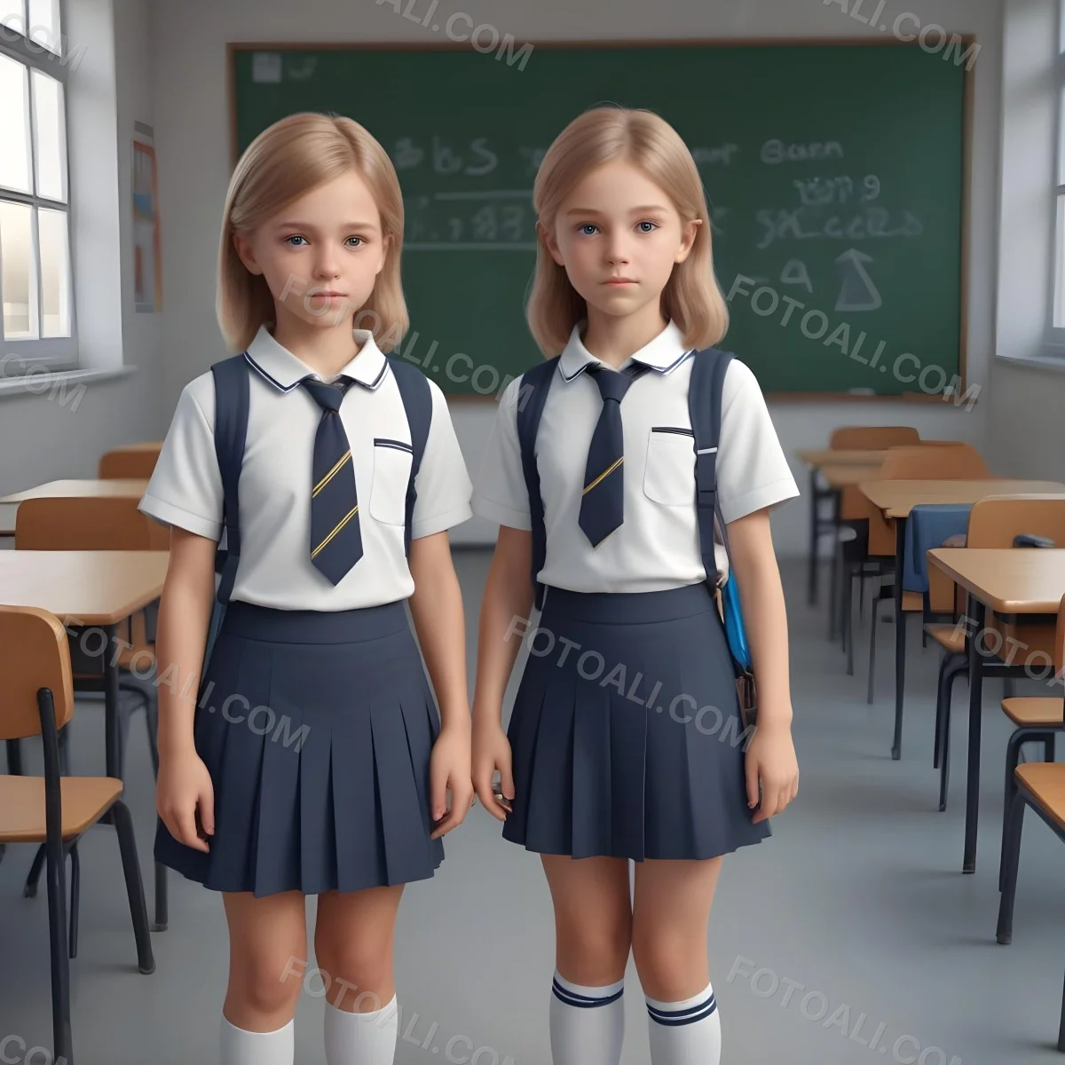Digital Painting Two Caucasian Kids Of 8 Years Old With School Uniform In A School Bold And Slim Lines Brush Strokes 8 Aeb9