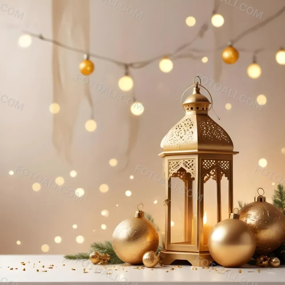 Digital Painting Two Golden Arabic Lanterns And Christmas Balls On A White Table With A Beige Background And Some Bokeh Lights Bold And Slim Lines Brush Strokes 15 03bc