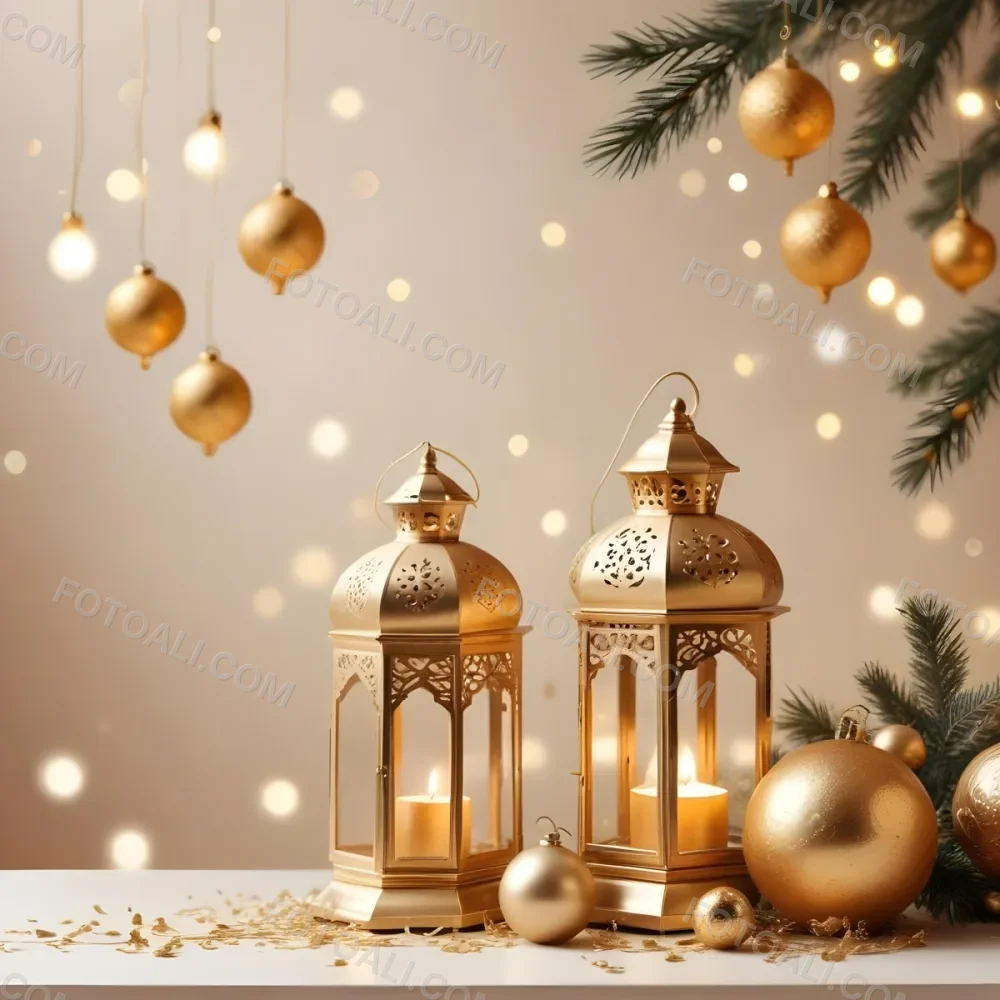 Digital Painting Two Golden Arabic Lanterns And Christmas Balls On A White Table With A Beige Background And Some Bokeh Lights Bold And Slim Lines Brush Strokes 16 09be