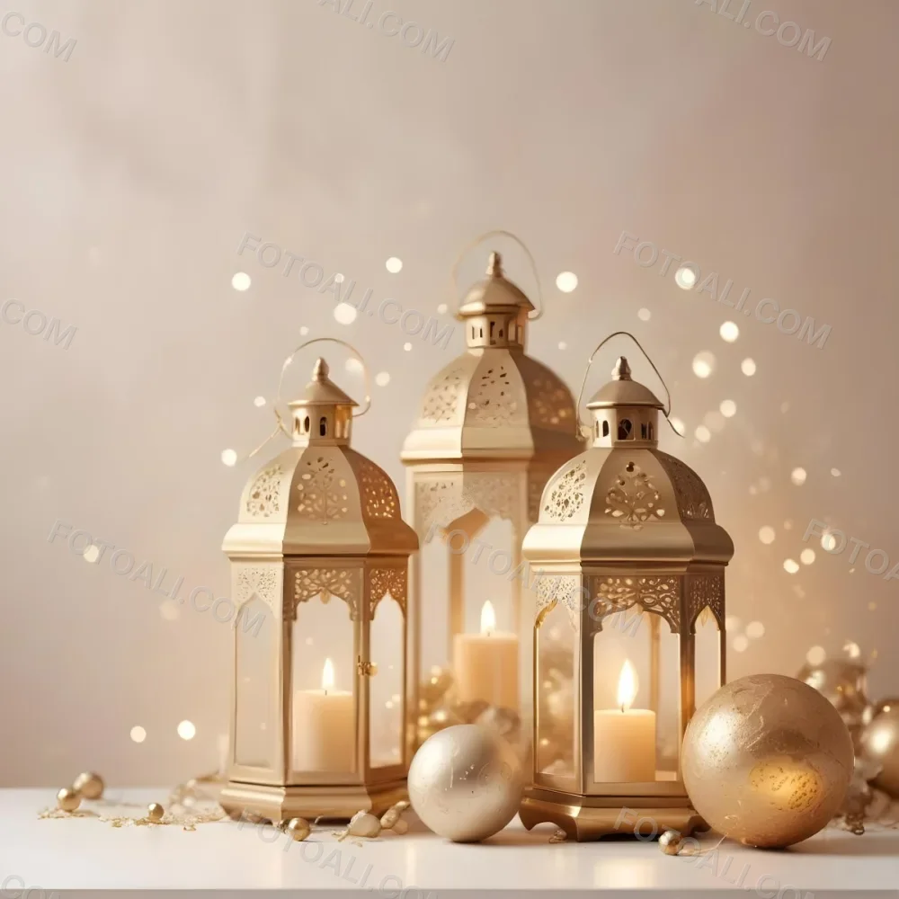 Digital Painting Two Golden Arabic Lanterns And Christmas Balls On A White Table With A Beige Background And Some Bokeh Lights Bold And Slim Lines Brush Strokes 19 Eb0e