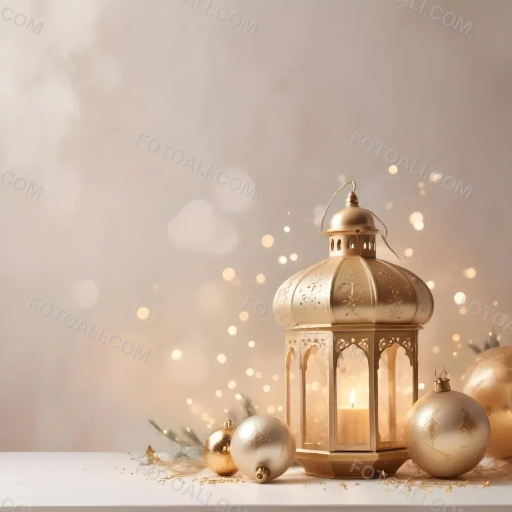Digital Painting Two Golden Arabic Lanterns And Christmas Balls On A White Table With A Beige Background And Some Bokeh Lights Bold And Slim Lines Brush Strokes 37 305a