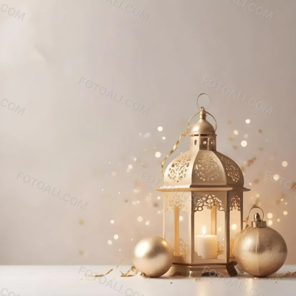 Digital Painting Two Golden Arabic Lanterns And Christmas Balls On A White Table With A Beige Background And Some Bokeh Lights Bold And Slim Lines Brush Strokes 38 B54e