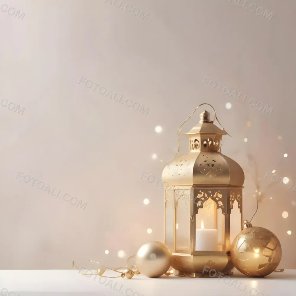 Digital Painting Two Golden Arabic Lanterns And Christmas Balls On A White Table With A Beige Background And Some Bokeh Lights Bold And Slim Lines Brush Strokes 6 1c71