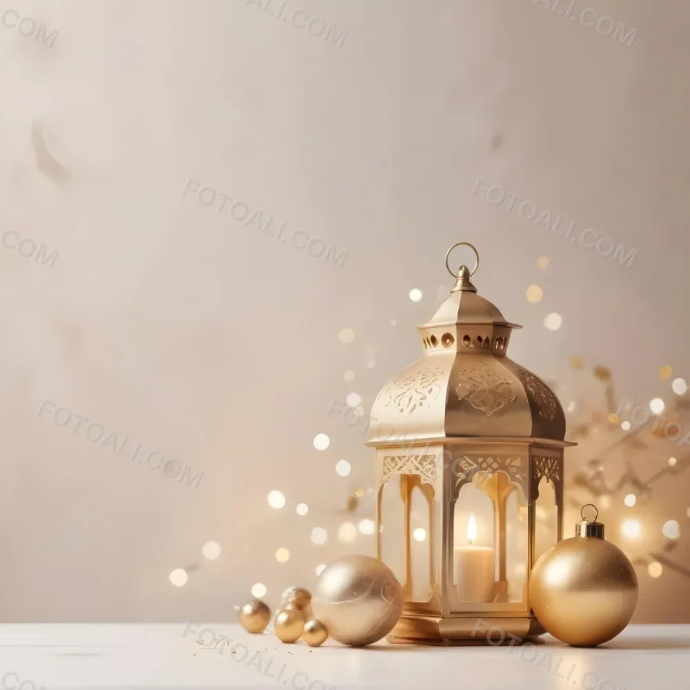 Digital Painting Two Golden Arabic Lanterns And Christmas Balls On A White Table With A Beige Background And Some Bokeh Lights Bold And Slim Lines Brush Strokes 7 E629