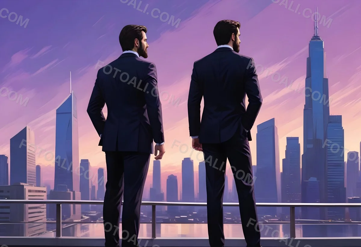 Digital Painting Two Men In Business Suits Standing Back To Back In Front Of A Cityscape With Tall Glass Buildings One Man Has A Beard And Dark Hair Wearing A Black Suit Looking Pensive The Other Man Has Short Ha 10 2205
