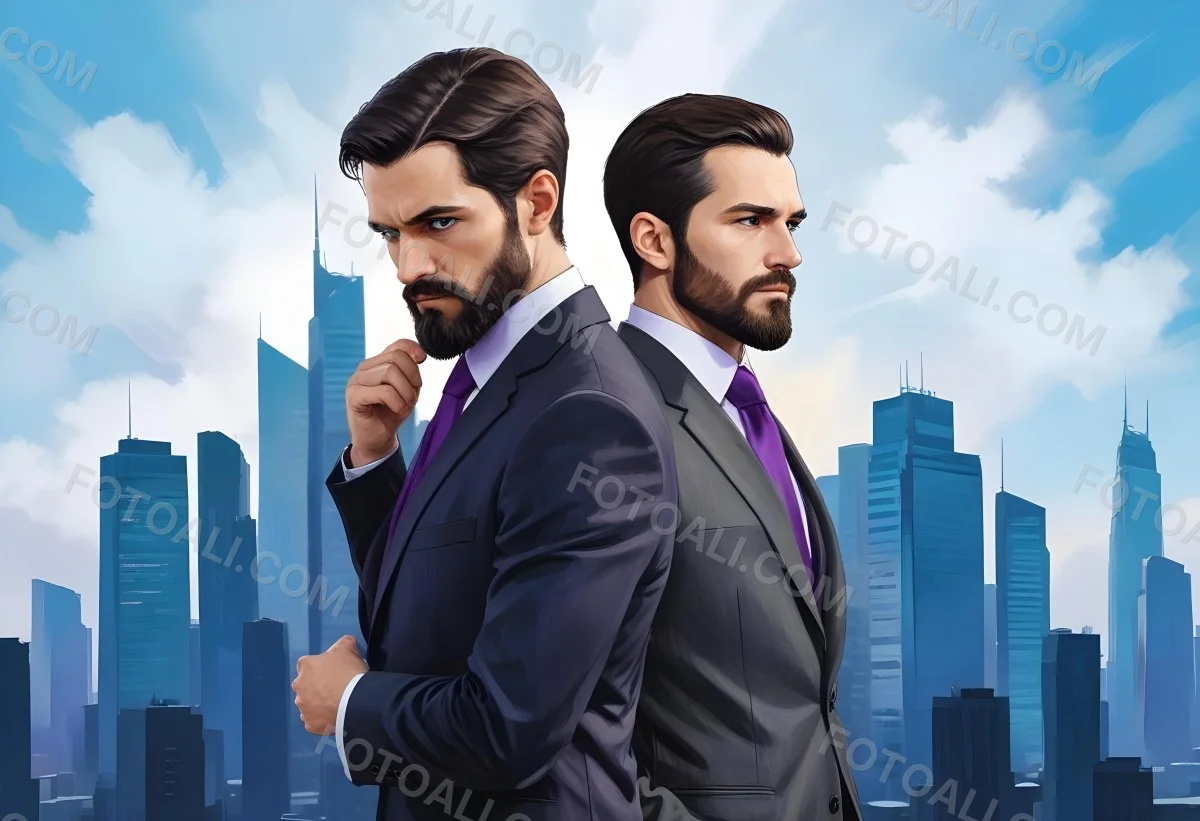 Digital Painting Two Men In Business Suits Standing Back To Back In Front Of A Cityscape With Tall Glass Buildings One Man Has A Beard And Dark Hair Wearing A Black Suit Looking Pensive The Other Man Has Short Ha 11 Ad1f