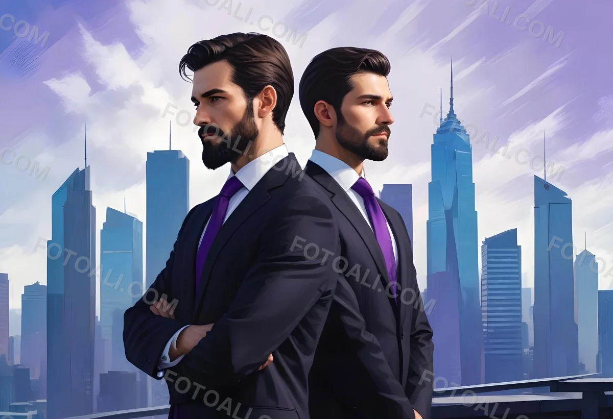 Digital Painting Two Men In Business Suits Standing Back To Back In Front Of A Cityscape With Tall Glass Buildings One Man Has A Beard And Dark Hair Wearing A Black Suit Looking Pensive The Other Man Has Short Ha 12 C511