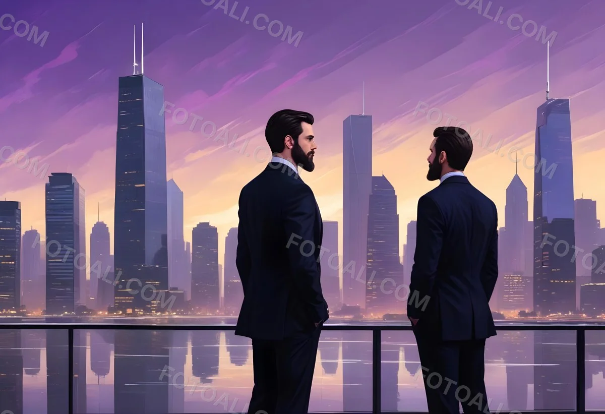 Digital Painting Two Men In Business Suits Standing Back To Back In Front Of A Cityscape With Tall Glass Buildings One Man Has A Beard And Dark Hair Wearing A Black Suit Looking Pensive The Other Man Has Short Ha 13 44b2