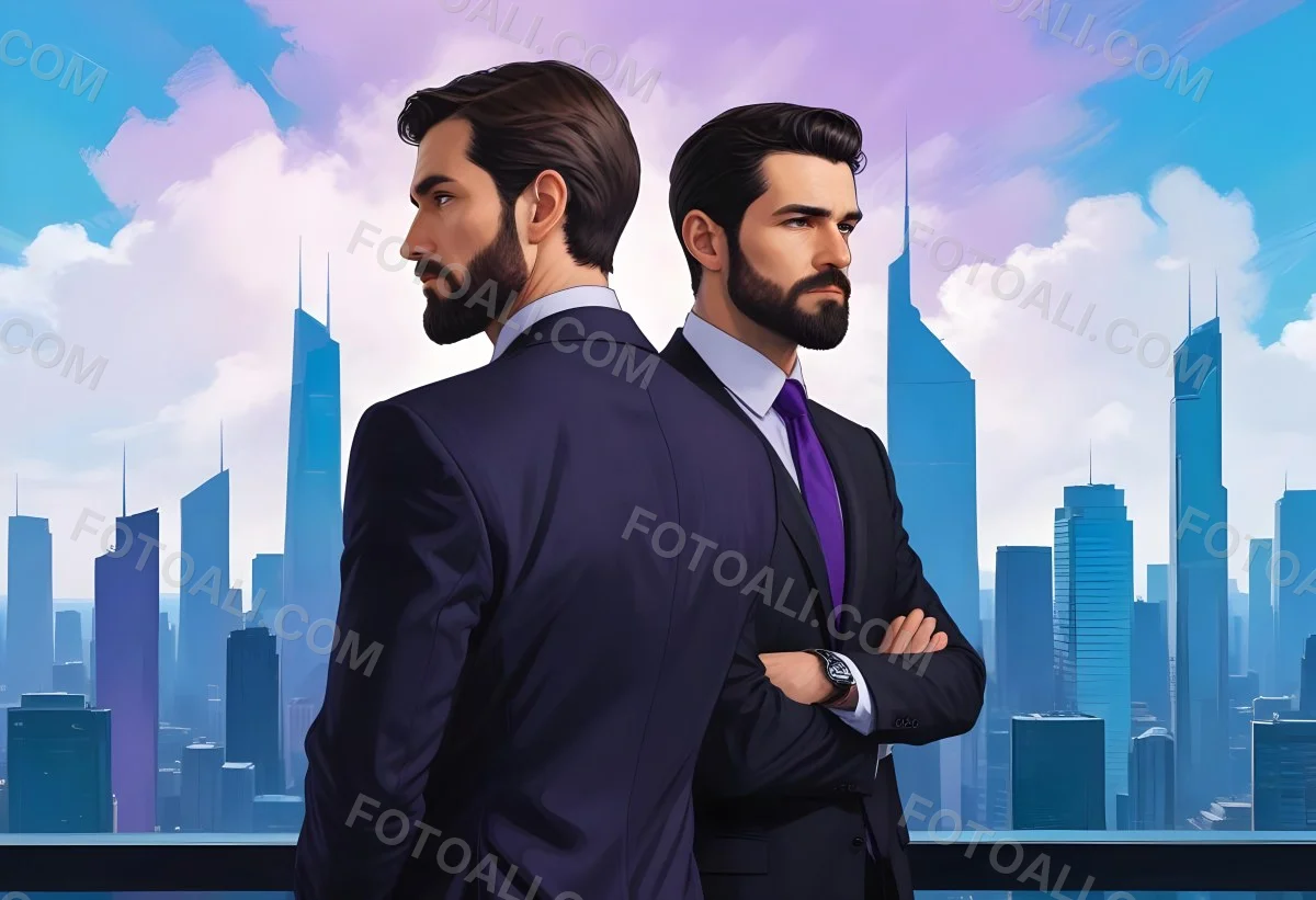 Digital Painting Two Men In Business Suits Standing Back To Back In Front Of A Cityscape With Tall Glass Buildings One Man Has A Beard And Dark Hair Wearing A Black Suit Looking Pensive The Other Man Has Short Ha 14 Ec3a