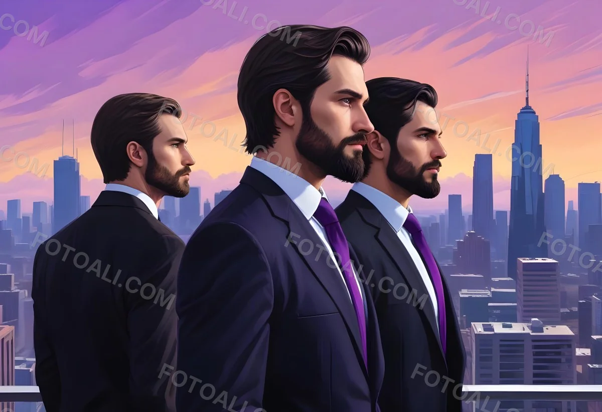 Digital Painting Two Men In Business Suits Standing Back To Back In Front Of A Cityscape With Tall Glass Buildings One Man Has A Beard And Dark Hair Wearing A Black Suit Looking Pensive The Other Man Has Short Ha 15 D5a8