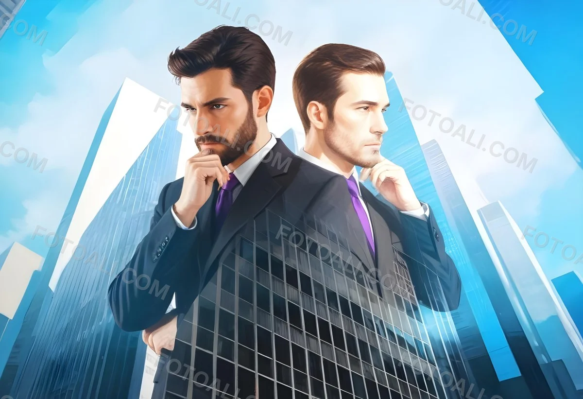 Digital Painting Two Men In Business Suits Standing Back To Back In Front Of A Cityscape With Tall Glass Buildings One Man Has A Beard And Dark Hair Wearing A Black Suit Looking Pensive The Other Man Has Short Ha 3 C7f7
