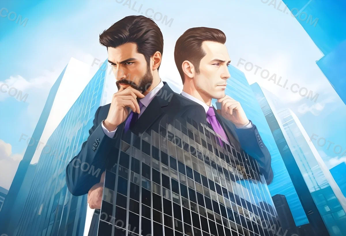 Digital Painting Two Men In Business Suits Standing Back To Back In Front Of A Cityscape With Tall Glass Buildings One Man Has A Beard And Dark Hair Wearing A Black Suit Looking Pensive The Other Man Has Short Ha 4 Bc78