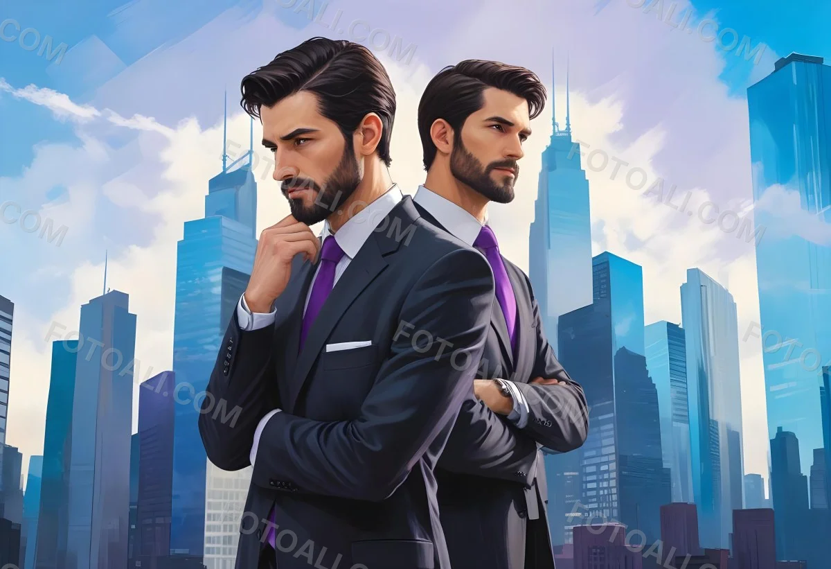 Digital Painting Two Men In Business Suits Standing Back To Back In Front Of A Cityscape With Tall Glass Buildings One Man Has A Beard And Dark Hair Wearing A Black Suit Looking Pensive The Other Man Has Short Ha 5 3994