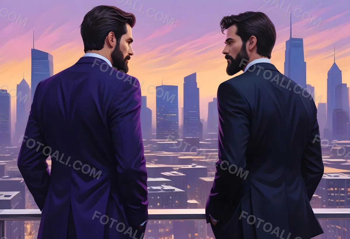 Digital Painting Two Men In Business Suits Standing Back To Back In Front Of A Cityscape With Tall Glass Buildings One Man Has A Beard And Dark Hair Wearing A Black Suit Looking Pensive The Other Man Has Short Ha 7 C331