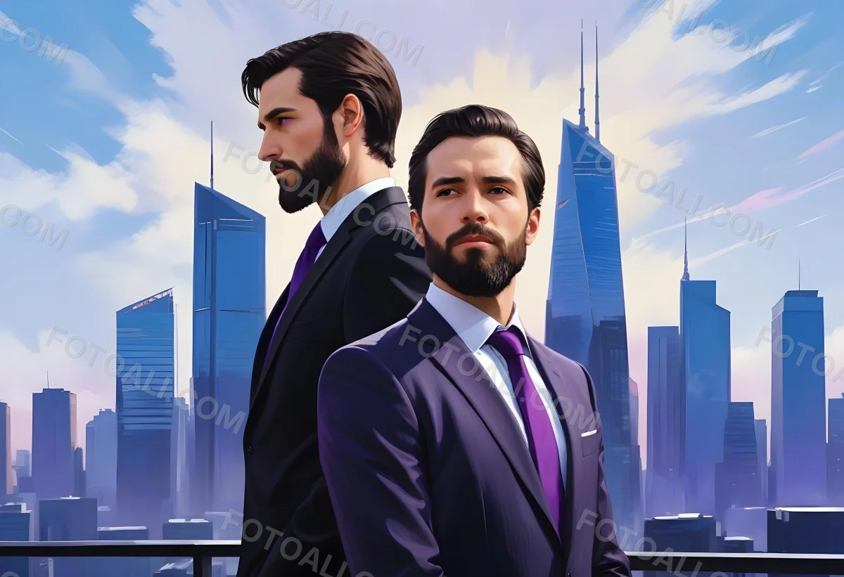 Digital Painting Two Men In Business Suits Standing Back To Back In Front Of A Cityscape With Tall Glass Buildings One Man Has A Beard And Dark Hair Wearing A Black Suit Looking Pensive The Other Man Has Short Ha 8 9d8d