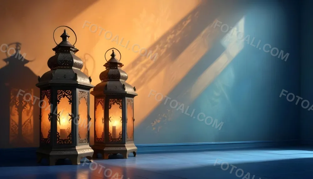 Digital Painting Two Ornate Metal Lanterns With Intricate Designs Glowing With Warm Light Casting Shadows On A Textured Wall In A Room With A Blue Floor Bold And Slim Lines Brush Strokes 12 4a64