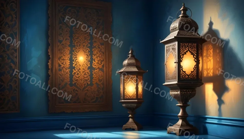Digital Painting Two Ornate Metal Lanterns With Intricate Designs Glowing With Warm Light Casting Shadows On A Textured Wall In A Room With A Blue Floor Bold And Slim Lines Brush Strokes 18 A882