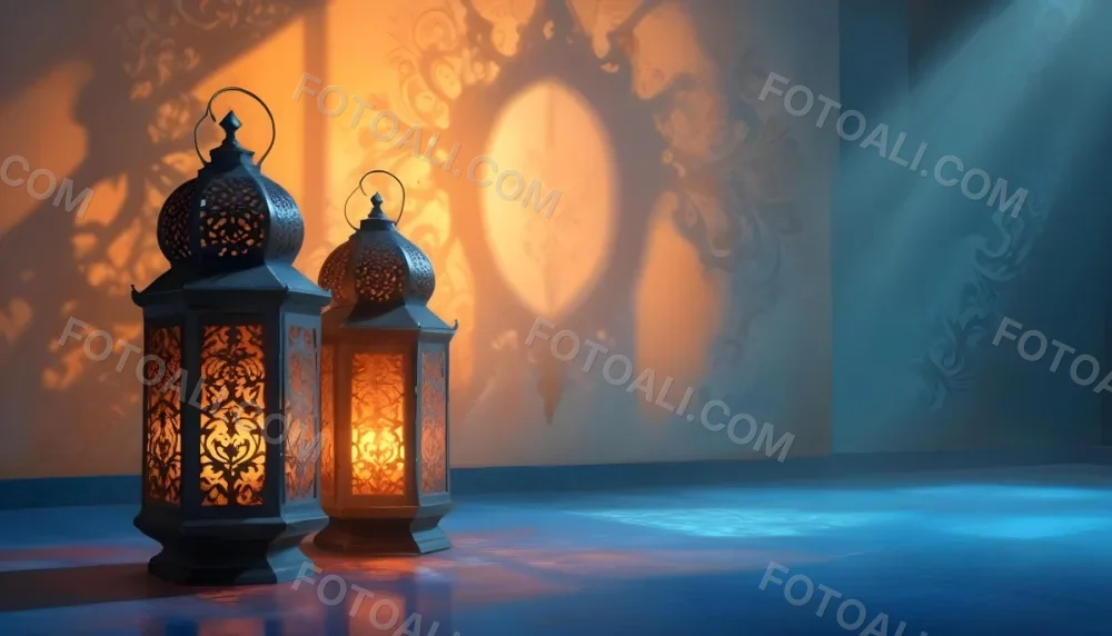 Digital Painting Two Ornate Metal Lanterns With Intricate Designs Glowing With Warm Light Casting Shadows On A Textured Wall In A Room With A Blue Floor Bold And Slim Lines Brush Strokes 21 40bc