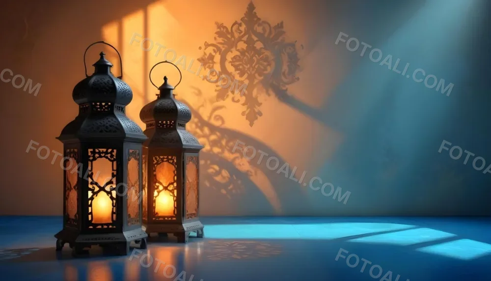 Digital Painting Two Ornate Metal Lanterns With Intricate Designs Glowing With Warm Light Casting Shadows On A Textured Wall In A Room With A Blue Floor Bold And Slim Lines Brush Strokes 33 D408