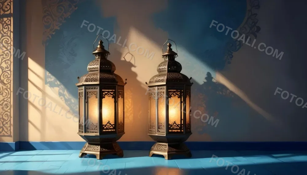 Digital Painting Two Ornate Metal Lanterns With Intricate Designs Glowing With Warm Light Casting Shadows On A Textured Wall In A Room With A Blue Floor Bold And Slim Lines Brush Strokes 37 Fda6