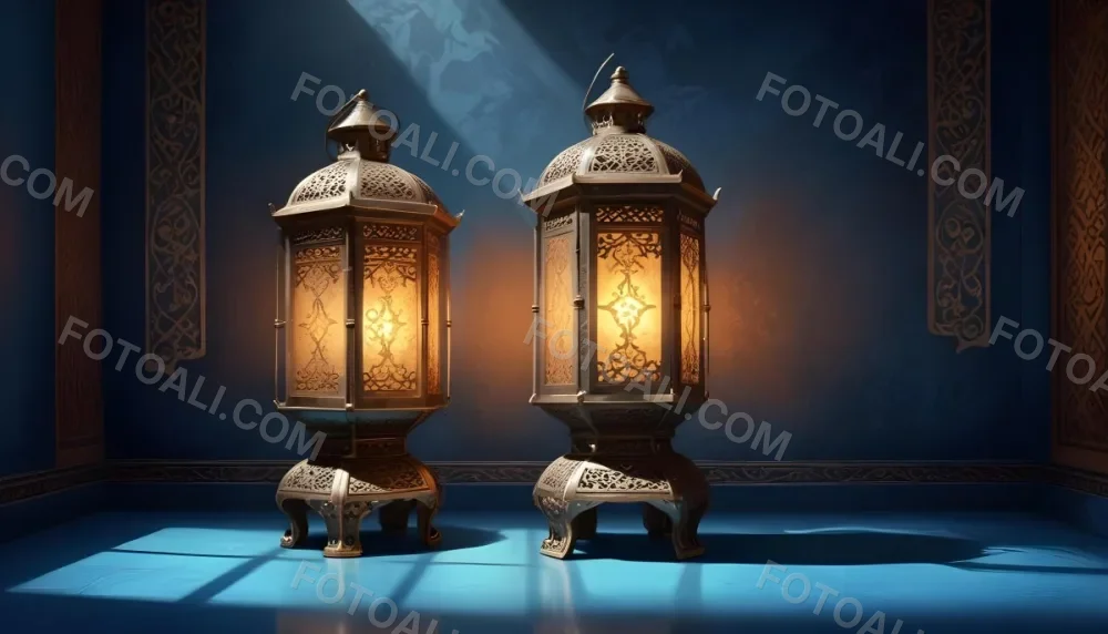 Digital Painting Two Ornate Metal Lanterns With Intricate Designs Glowing With Warm Light Casting Shadows On A Textured Wall In A Room With A Blue Floor Bold And Slim Lines Brush Strokes 42 E6dd