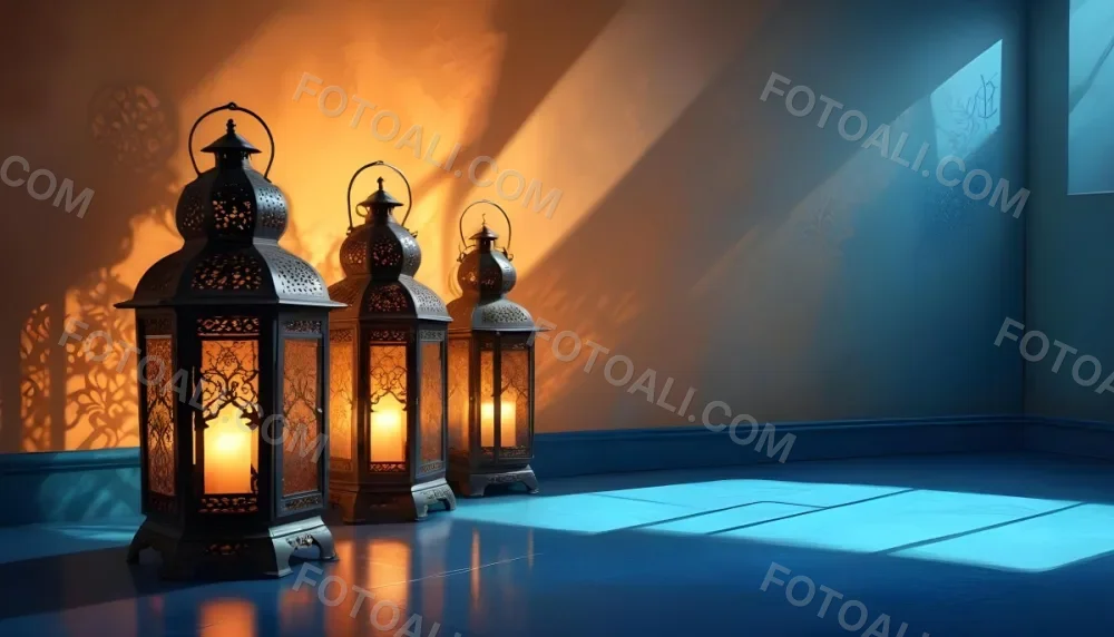 Digital Painting Two Ornate Metal Lanterns With Intricate Designs Glowing With Warm Light Casting Shadows On A Textured Wall In A Room With A Blue Floor Bold And Slim Lines Brush Strokes 45 1b5c