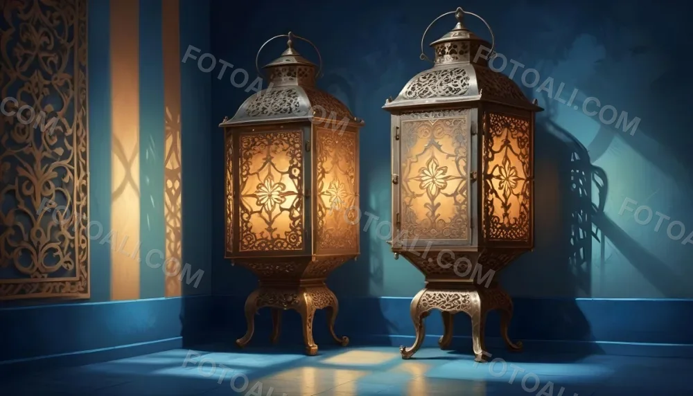 Digital Painting Two Ornate Metal Lanterns With Intricate Designs Glowing With Warm Light Casting Shadows On A Textured Wall In A Room With A Blue Floor Bold And Slim Lines Brush Strokes 48 77d5