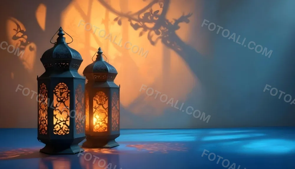 Digital Painting Two Ornate Metal Lanterns With Intricate Designs Glowing With Warm Light Casting Shadows On A Textured Wall In A Room With A Blue Floor Bold And Slim Lines Brush Strokes 5 08b0