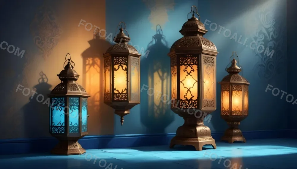 Digital Painting Two Ornate Metal Lanterns With Intricate Designs Glowing With Warm Light Casting Shadows On A Textured Wall In A Room With A Blue Floor Bold And Slim Lines Brush Strokes 50 Ae21