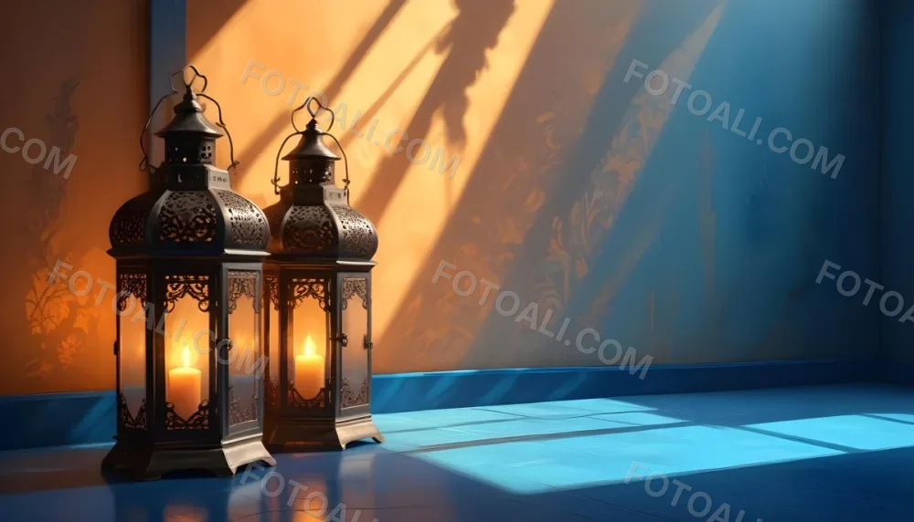 Digital Painting Two Ornate Metal Lanterns With Intricate Designs Glowing With Warm Light Casting Shadows On A Textured Wall In A Room With A Blue Floor Bold And Slim Lines Brush Strokes 51 5bc8