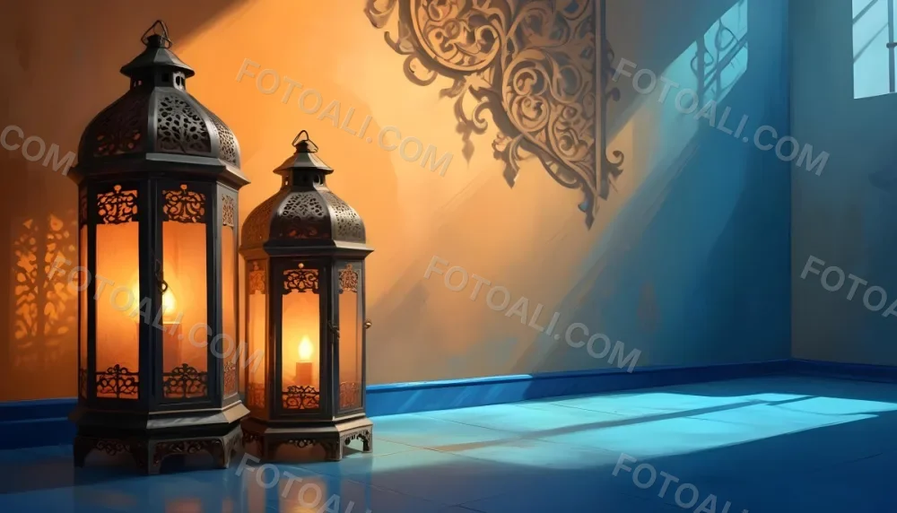 Digital Painting Two Ornate Metal Lanterns With Intricate Designs Glowing With Warm Light Casting Shadows On A Textured Wall In A Room With A Blue Floor Bold And Slim Lines Brush Strokes 6 304d