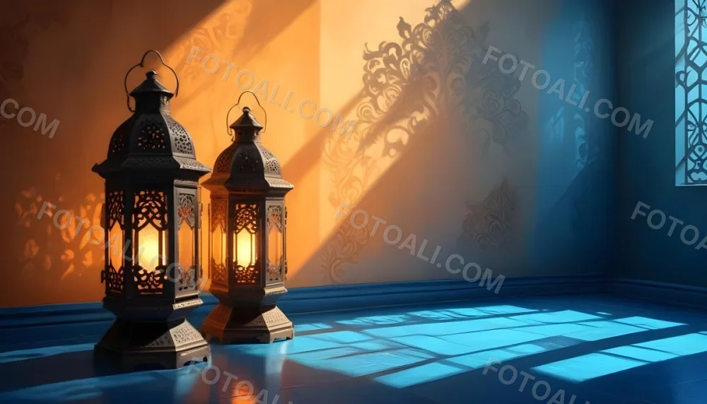 Digital Painting Two Ornate Metal Lanterns With Intricate Designs Glowing With Warm Light Casting Shadows On A Textured Wall In A Room With A Blue Floor Bold And Slim Lines Brush Strokes 7 2dde