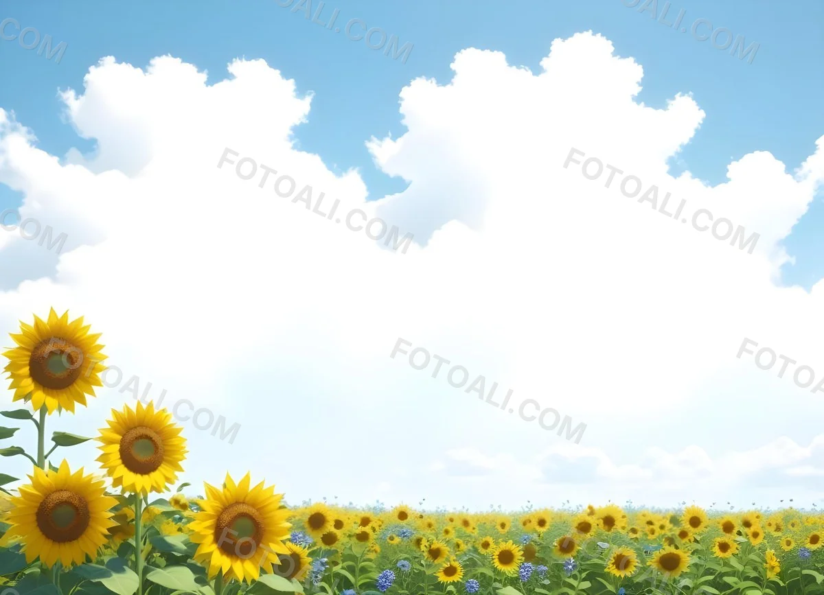 Digital Painting Two Sunflowers In A Green Field With Small Blue Flowers Blue Sky With White Clouds Sunny Day Bold And Slim Lines Brush Strokes 14 4115