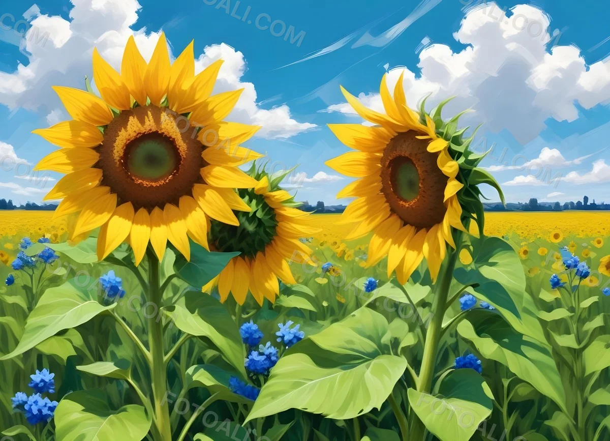 Digital Painting Two Sunflowers In A Green Field With Small Blue Flowers Blue Sky With White Clouds Sunny Day Bold And Slim Lines Brush Strokes 143 2f51