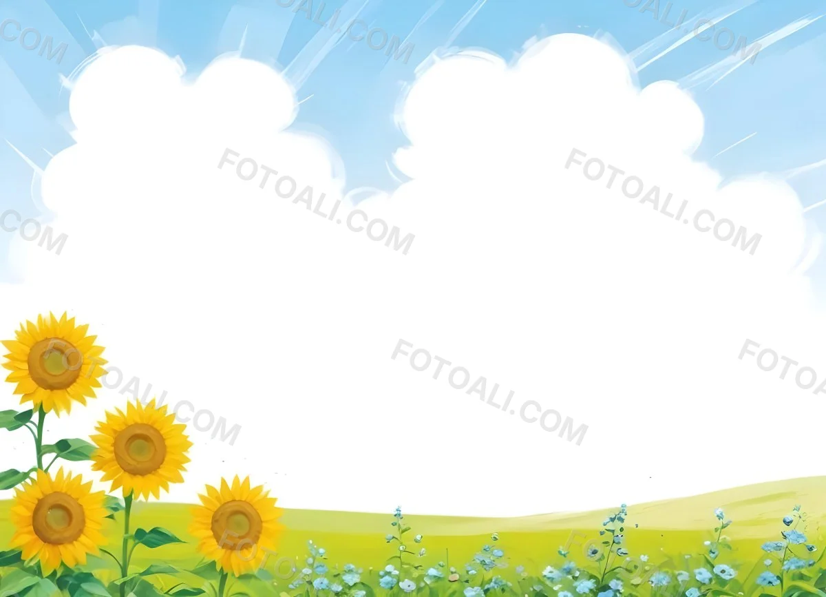 Digital Painting Two Sunflowers In A Green Field With Small Blue Flowers Blue Sky With White Clouds Sunny Day Bold And Slim Lines Brush Strokes 24 B25e