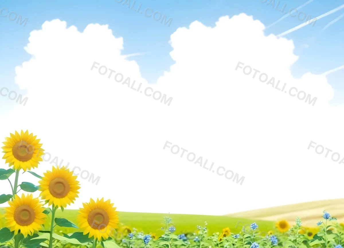 Digital Painting Two Sunflowers In A Green Field With Small Blue Flowers Blue Sky With White Clouds Sunny Day Bold And Slim Lines Brush Strokes 58 9165