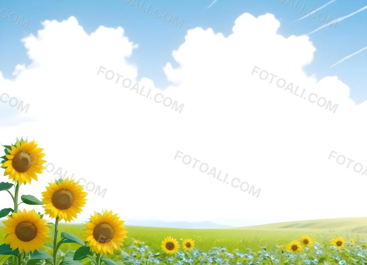 Digital Painting Two Sunflowers In A Green Field With Small Blue Flowers Blue Sky With White Clouds Sunny Day Bold And Slim Lines Brush Strokes 74 Da70