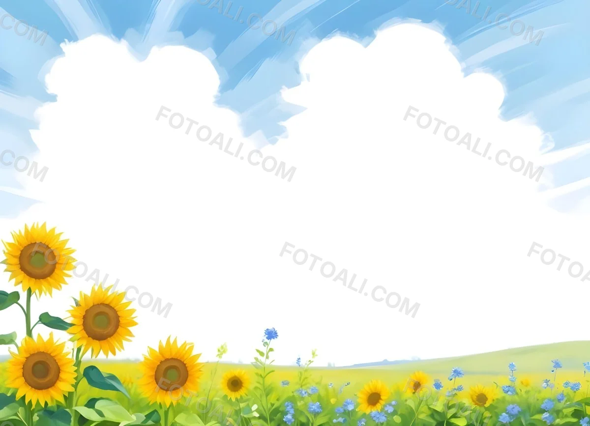 Digital Painting Two Sunflowers In A Green Field With Small Blue Flowers Blue Sky With White Clouds Sunny Day Bold And Slim Lines Brush Strokes 82 D496