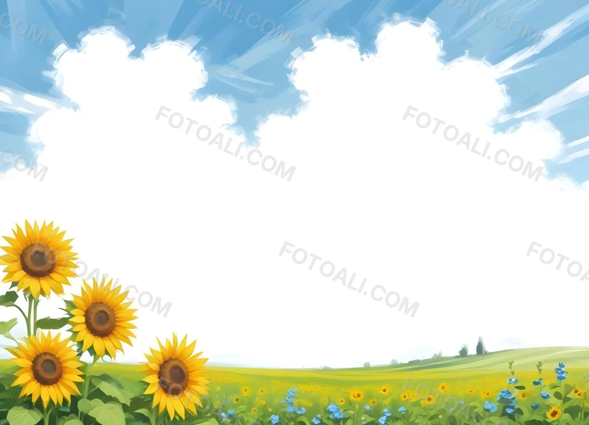 Digital Painting Two Sunflowers In A Green Field With Small Blue Flowers Blue Sky With White Clouds Sunny Day Bold And Slim Lines Brush Strokes 88 8d4a