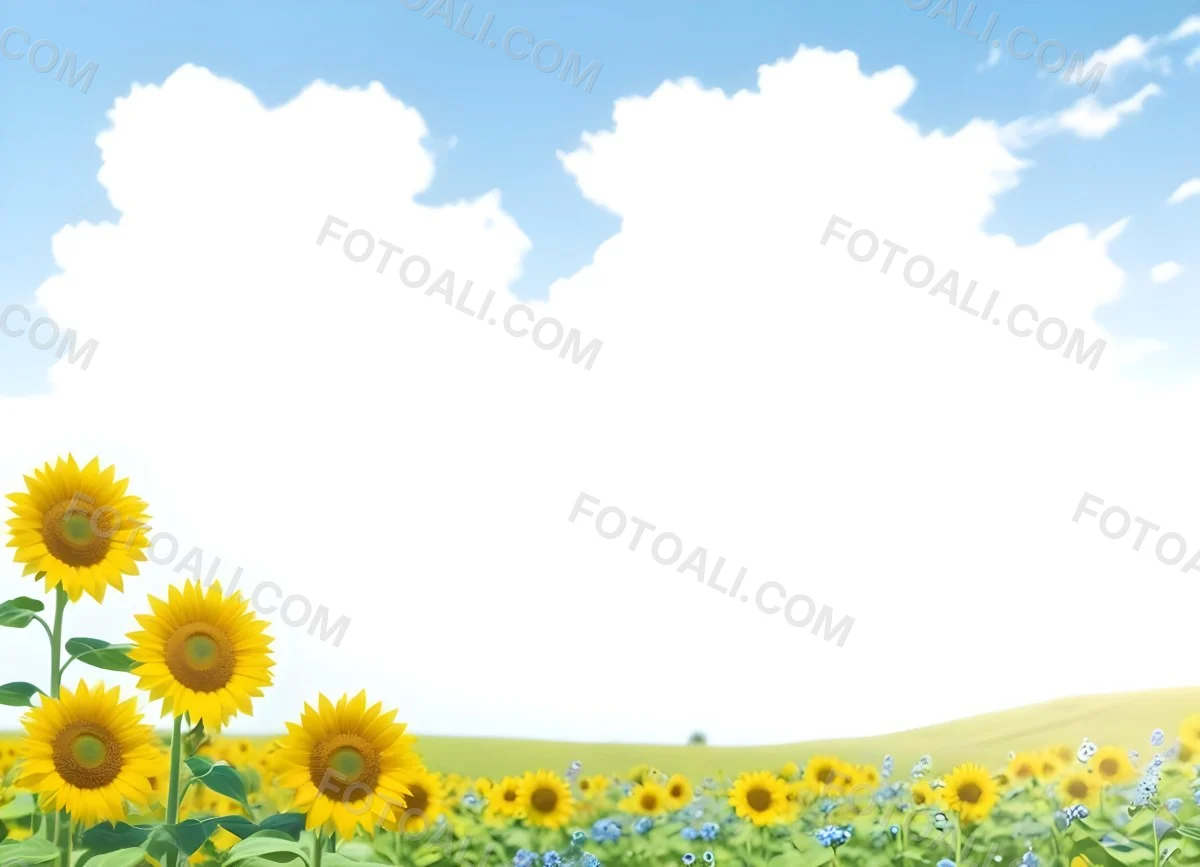 Digital Painting Two Sunflowers In A Green Field With Small Blue Flowers Blue Sky With White Clouds Sunny Day Bold And Slim Lines Brush Strokes 89 De08