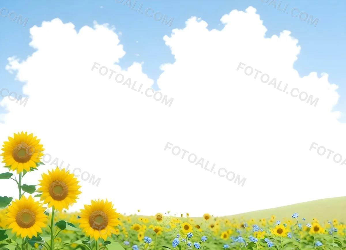 Digital Painting Two Sunflowers In A Green Field With Small Blue Flowers Blue Sky With White Clouds Sunny Day Bold And Slim Lines Brush Strokes 91 7680