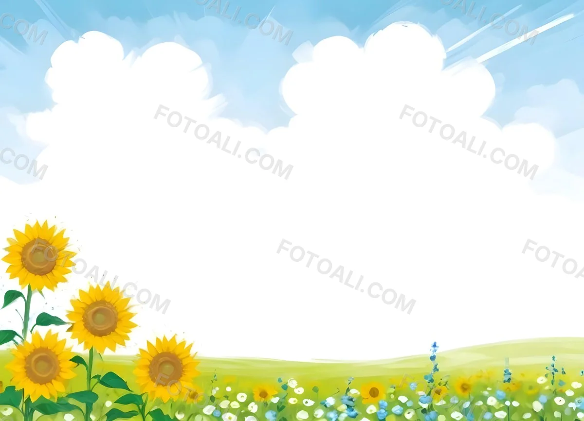 Digital Painting Two Sunflowers In A Green Field With Small Blue Flowers Blue Sky With White Clouds Sunny Day Bold And Slim Lines Brush Strokes 92 5ac7