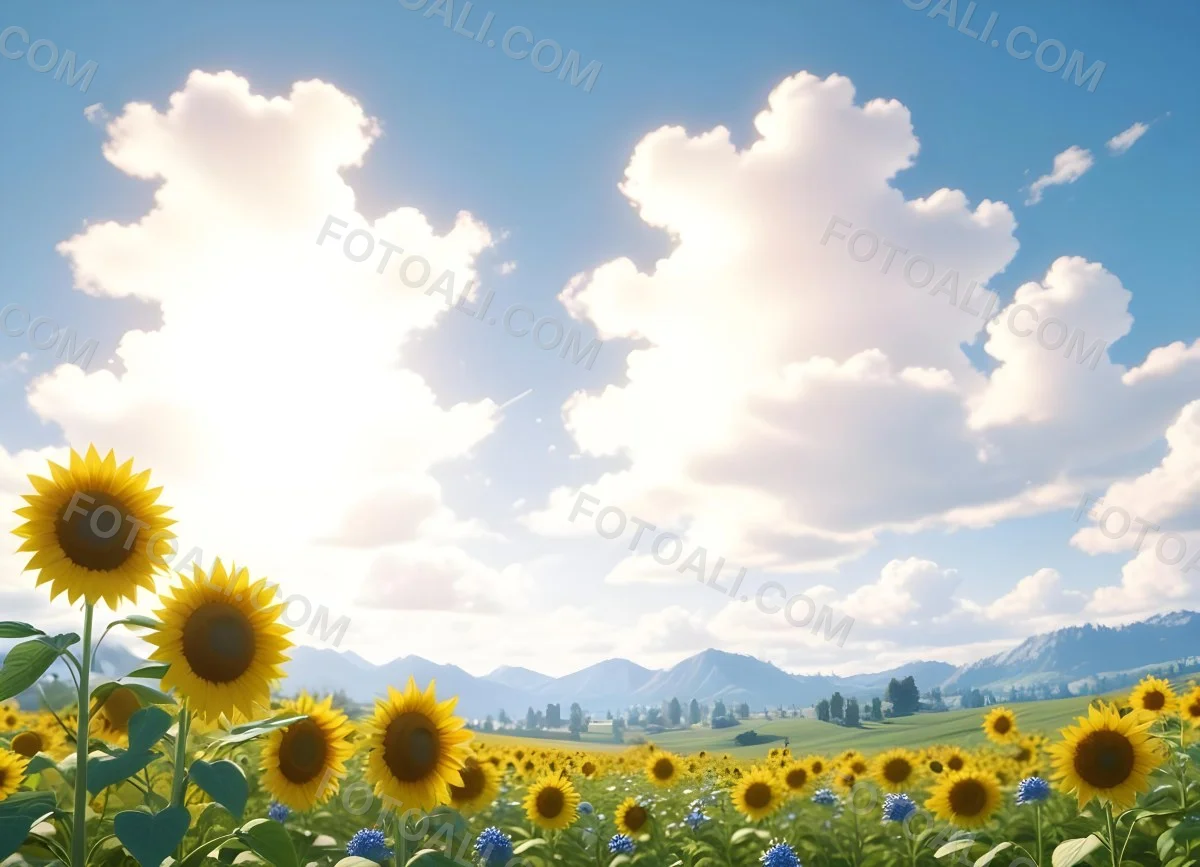 Digital Painting Two Sunflowers In A Green Field With Small Blue Flowers Blue Sky With White Clouds Sunny Day Bold And Slim Lines Brush Strokes 93 4489