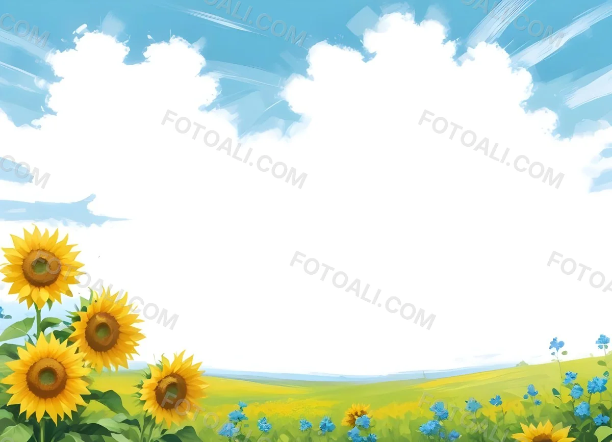 Digital Painting Two Sunflowers In A Green Field With Small Blue Flowers Blue Sky With White Clouds Sunny Day Bold And Slim Lines Brush Strokes 94 6e74